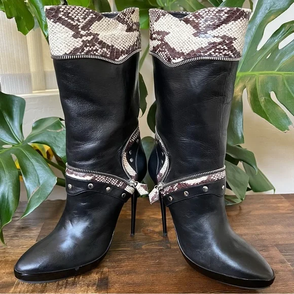 Tabitha Simmons “Heidi” Black Snakeskin Nappa Leather Stiletto Boots EU38 $1,695